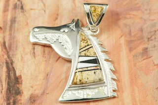 Genuine Picture Jasper, Mother of Pearl and Black Jade inlaid in Sterling Silver Horse Pendant. Precision inlay on the Bale and Pendant. Free 18